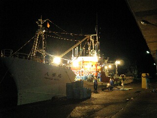 まだ、暗いうちに、カニ漁船から香住ガニが陸揚げされます