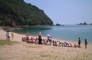 浜で地引き網